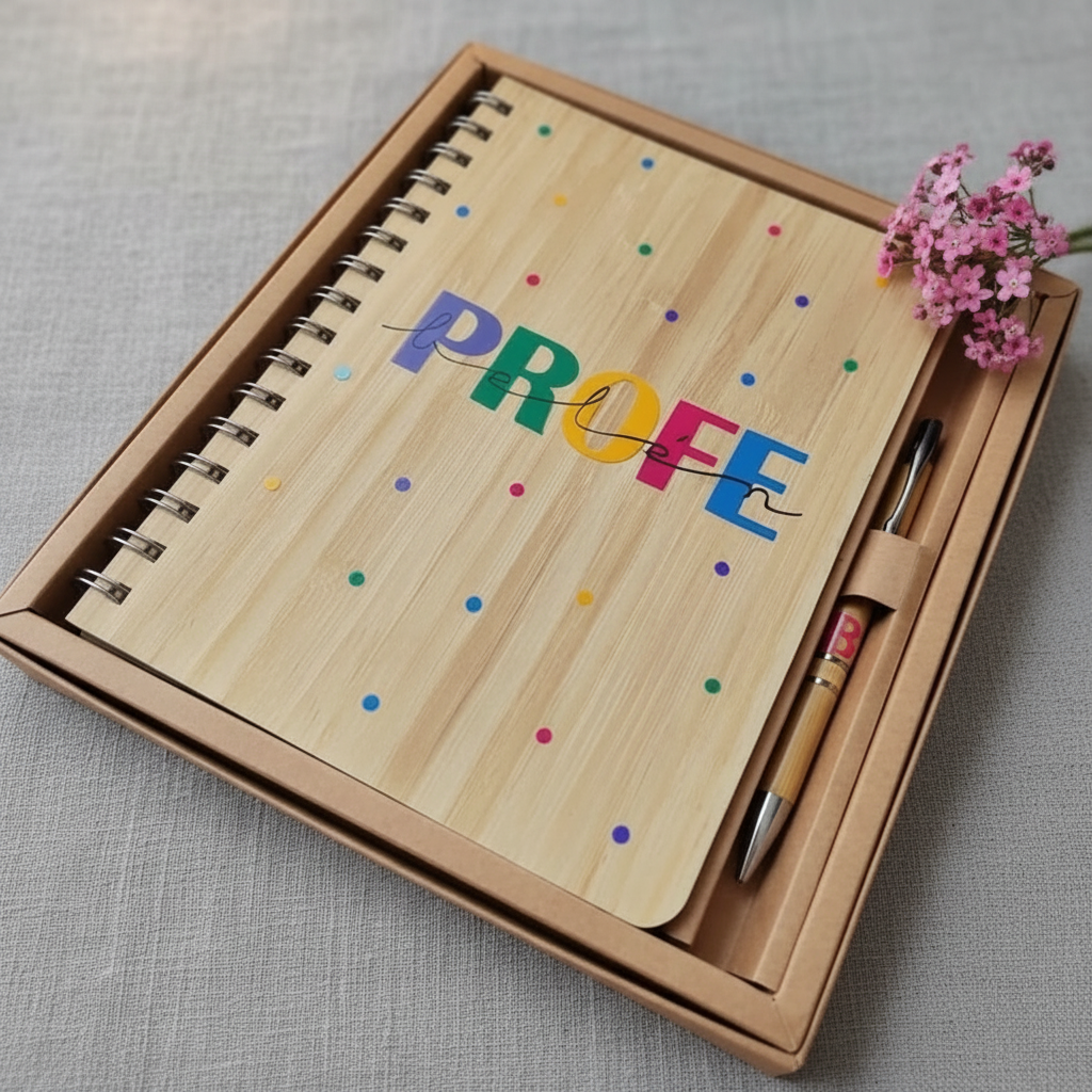 Set cuaderno + boli de bambú vinilo profes