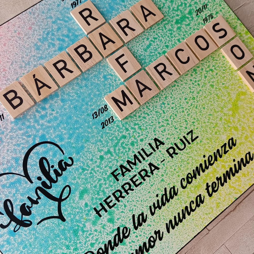Cuadro familia con nombres entrelazados arco iris