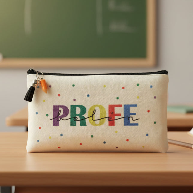 Estuche profe nombre con topitos colores
