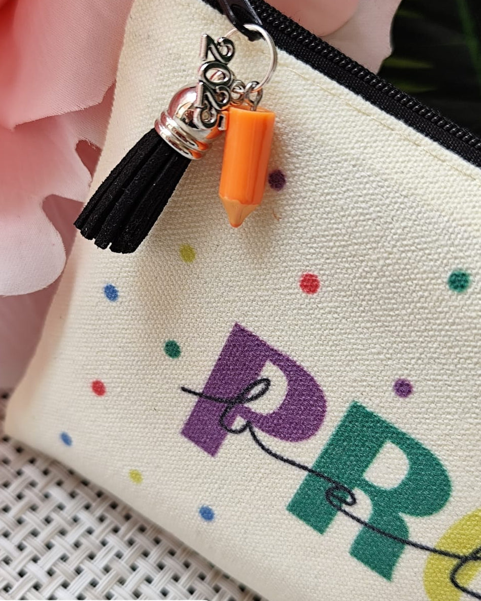 Estuche profe nombre con topitos colores