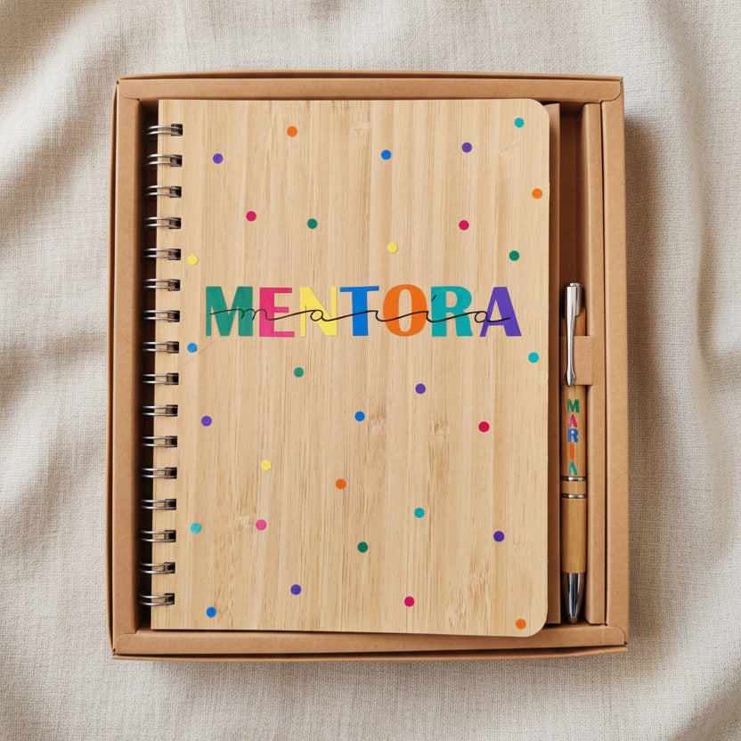 Set cuaderno + boli de bambú vinilo profes