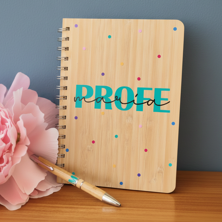 Set cuaderno + boli de bambú vinilo profes