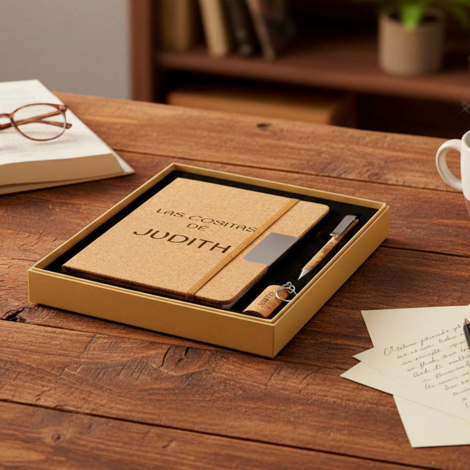 Set cuaderno+boli+USB corcho vino