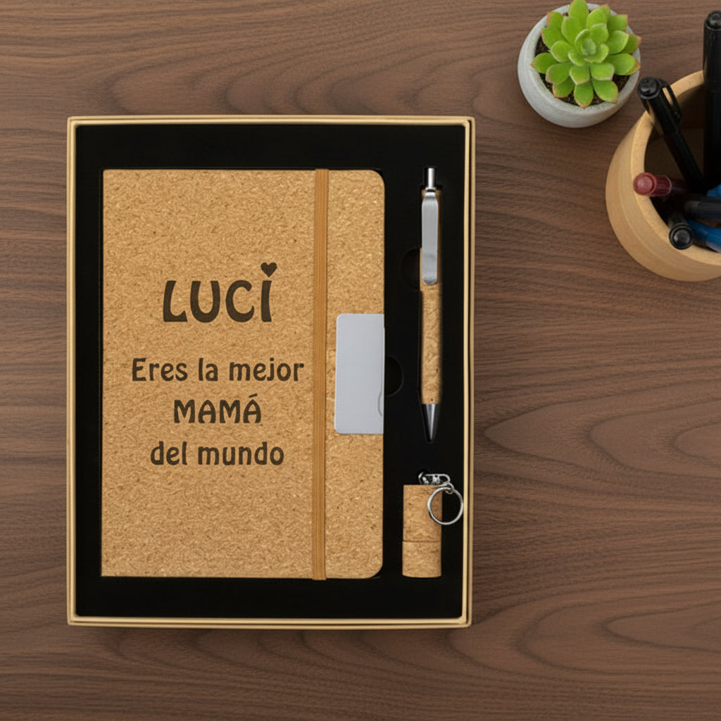 Set cuaderno+boli+USB corcho vino