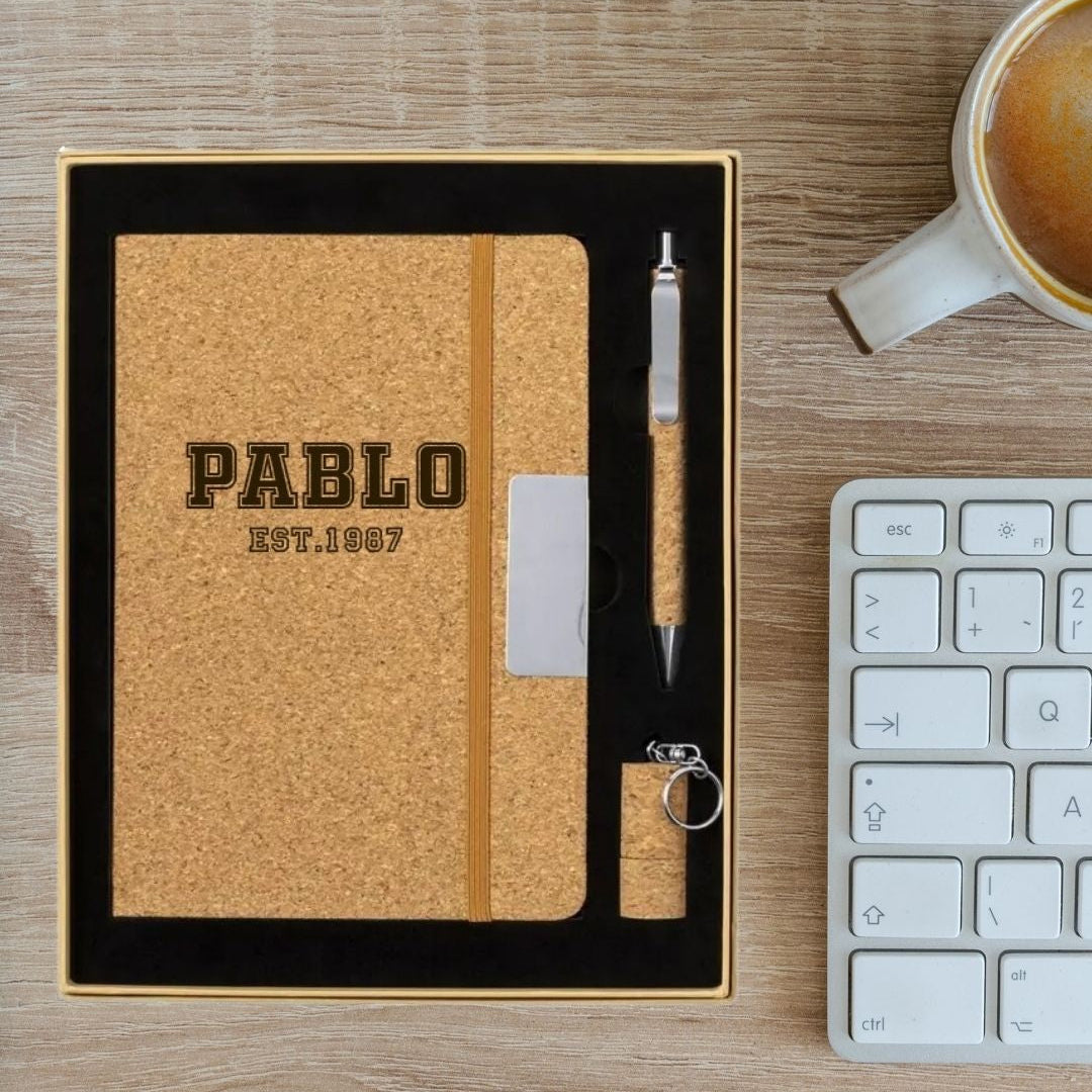 Set cuaderno+boli+USB corcho vino